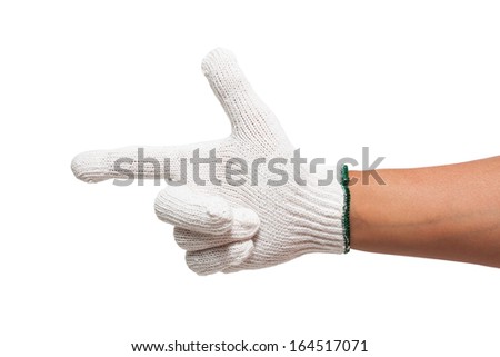 hand with white glove pointing hand to something on white background with using path 