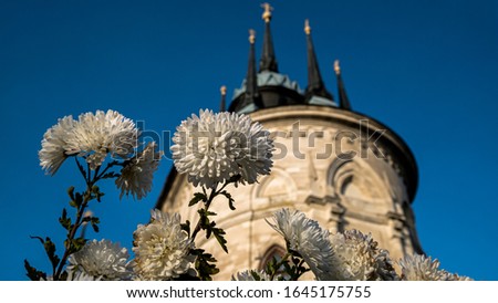 Last autumn flowers on a background of a pseudo-gothic church.