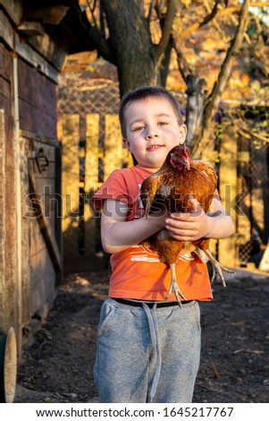 Cute little boy holds a chicken in his hands. Photographed in a village on a sunny spring day. Vertical picture.
