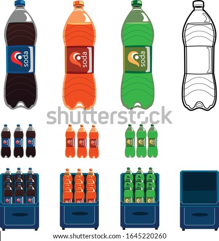 Assorted soda bottles with different flavors of cola, lime and orange with groups of bottles in boxes