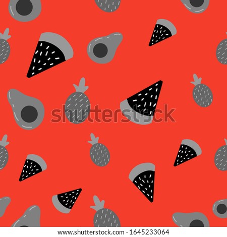 fruit seamless pattern with black and grey fruit on bright red background
