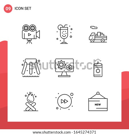 Pack of 9 Universal Outline Icons for Print Media on White Background.