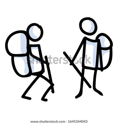 Hiking stick figure line art icon. Carrying backpack, track pole with group . Outdoor leisure walking, climbing trekking lifestyle . Wilderness adventure and nature travel bonding concept.