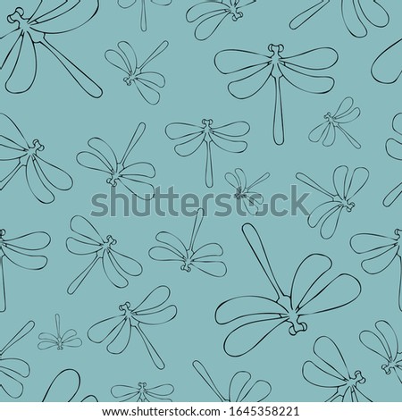 seamless pattern with the dragonfly on blue background. Pattern with insects. Blue insect. Blue dragonflies. Dragonfly