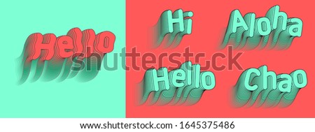 Greeting text in motion with Hello, Aloha, Chao, Hi word set. Retro font with black line lettering for web page, vintage style banner, postcard. Aqua menthe and pink backdrop stock vector illustration