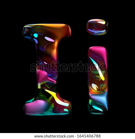 3d render of abstract art of surreal 3d letters uppercase and lowercase letter i in organic curve wavy shape in matte metal material with glass parts in purple blue orange gradient color on black back