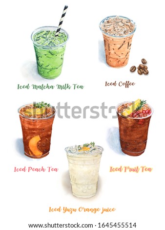 Iced Coffee and Tea in plastic glass watercolor, Matcha, Coffee, Fruit Tea, Peach Tea, Yuzu Orange Juice