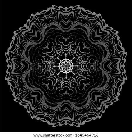 Design With Floral Mandala Ornament.  Illustration. Oriental Pattern. Indian, Moroccan, Mystic, Ottoman Motifs. Anti-Stress Therapy Pattern. Black, silver color.