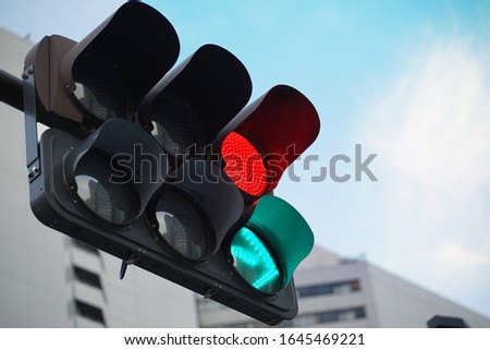 The red Japanese traffic light which turned on                               