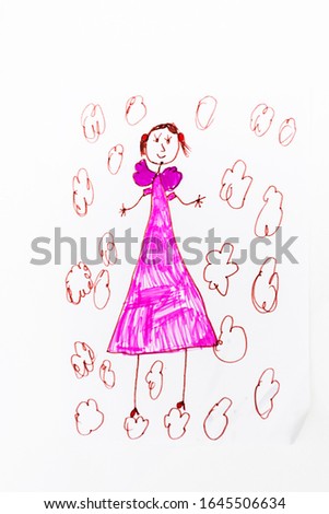 children's drawing of a happy smiling girl in a pink dress with clouds or flowers.drawing by a child's hand. children's creativity
