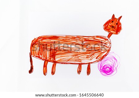 Children's felt pen drawing -red cat with a pink ball on a white background. drawing by a child's hand. children's illustration
