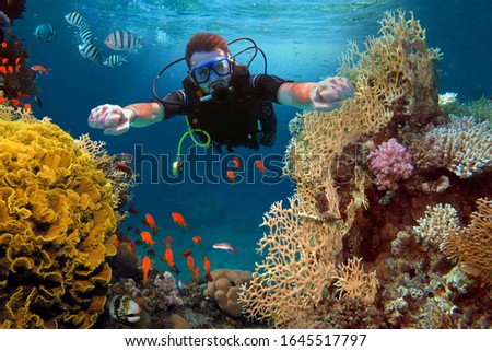 The happy man dives among corals and fishes in the ocean Royalty-Free Stock Photo #1645517797