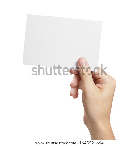 Hand holding blank card 10x15cm, isolated on white background