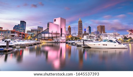 Cleveland, Ohio, USA downtown city skyline and harbor at twilight.
