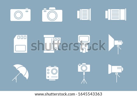 Photo equipment Icons set - Vector solid silhouettes of camera, flash, lens, tripod, slr and light for the site or interface