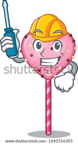 cartoon character style candy heart lollipop working as an automotive