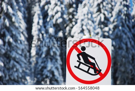 No sledding sign with blurry trees and snow in the background 