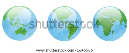 glassy globes with green land masses and a translucent clouded atmosphere