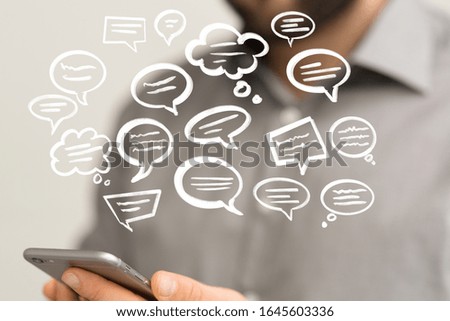ilustration of a communication concept. The word communication with colorful dialog speech 
