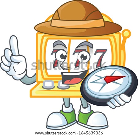 A golden slot machine explorer cartoon design having a compass