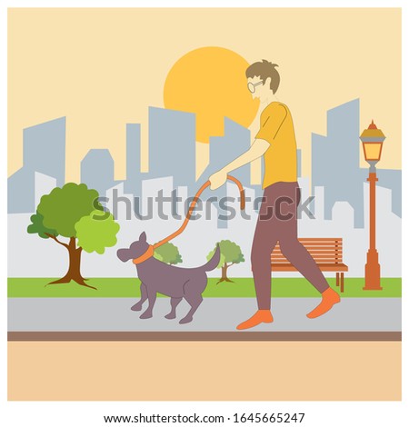 Boy with dog walking in the park. Illustration vector