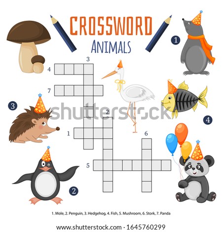 Vector color crossword, education game for children about animals.