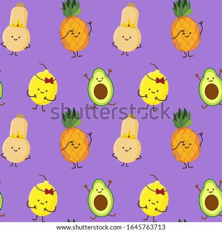 kawaii fruits seamless pattern set with face expression on dark purple color background vector illustration. Squash, lemon and pineapple. Concept of joy and happiness.