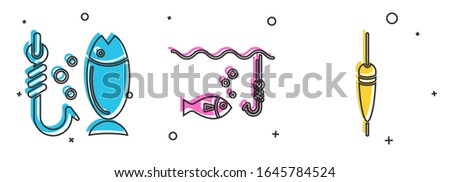Set Fishing, Fishing hook under water with fish and Fishing float icon. Vector