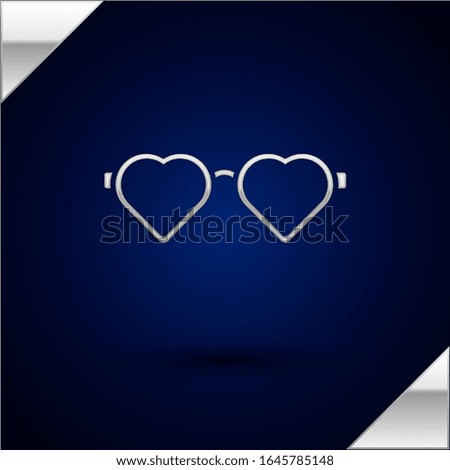 Silver Heart shaped love glasses icon isolated on dark blue background. Suitable for Valentine day card design.  Vector Illustration