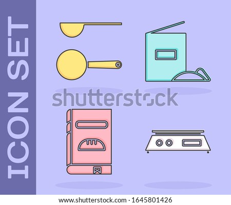 Set Electronic scales , Measuring spoon , Cookbook  and Flour pack  icon. Vector
