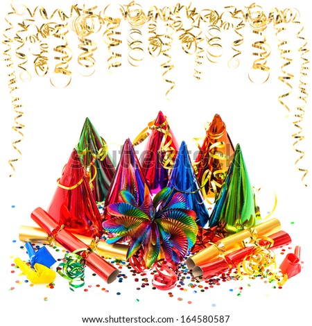 colorful garlands, streamer, party hats and confetti on white background. masquerade, carnival decoration