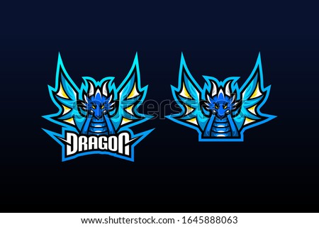 the blue dragon faced forward with an angry expression and its wings spread and its horns looked up suitable for team logo or esport logo  and mascot logo, or tshirt design