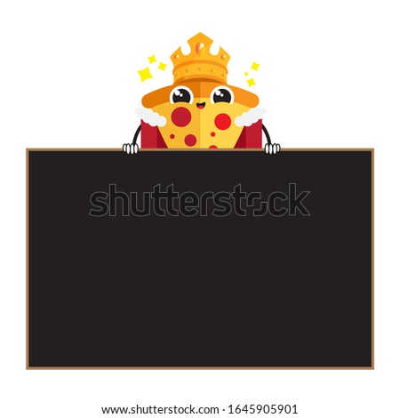 Illustration vector graphic cartoon character of pizza king holding black board with blank copy space / text area. perfect for fast food restaurant, etc.