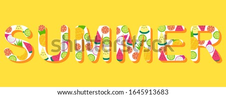 A word SUMMER with tropical fruit inside isolated on yellow background. Concept about summer,vacation, holiday, happy, joyful and etc.