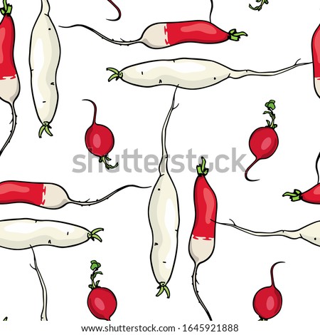 Vector seamless pattern with hand drawn French breakfast and White Icicle radish. Beautiful food design elements, ink drawing. Perfect for prints and patterns Royalty-Free Stock Photo #1645921888