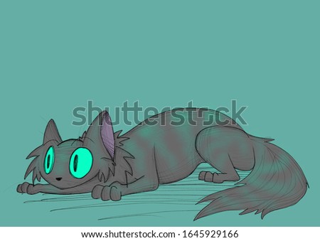 Drawing of a frightened cat with bulging eyes on a green background.