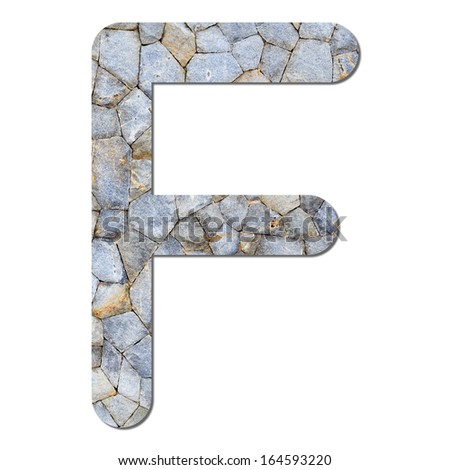 Font from old and weathered stone wall texture alphabet F with shadow and path