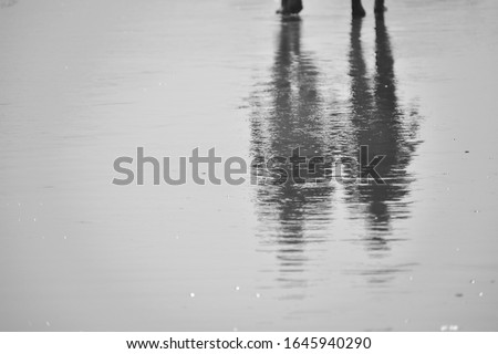 Black and white photograph. Shadows to wet roads. A reflection in a puddle. wet asphalt.