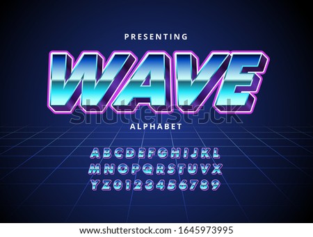 Retro Futuristic 80s font style. Vector alphabet with chrome effect template for game title, poster headline, old style Royalty-Free Stock Photo #1645973995