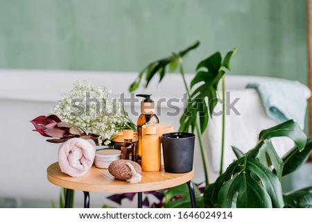 Composition set of spa treatment on wooden table in modern eco natural interior of bathroom with green plants. Eco friendly natural cleaning tools and products. Royalty-Free Stock Photo #1646024914