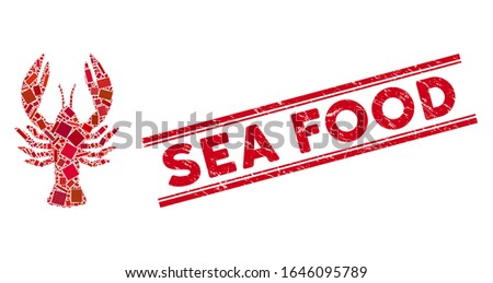 Mosaic lobster pictogram and red Sea Food seal between double parallel lines. Flat vector lobster mosaic pictogram of random rotated rectangle items. Red Sea Food rubber seal with rubber texture.