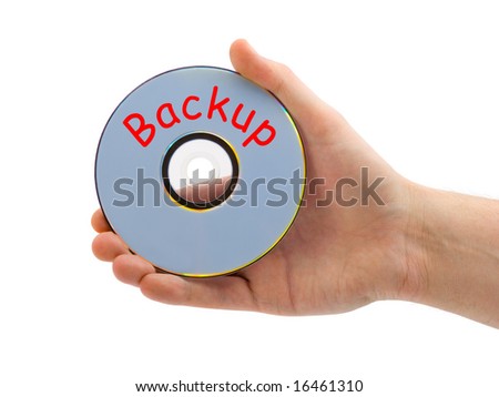 Hand with cd Backup isolated on white background
