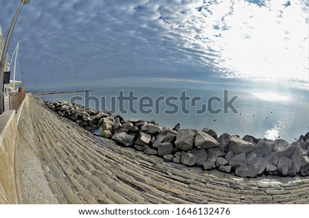 View from the promenade on the Adriatic sea in Italian city Grado, picture taken with fish eye lens