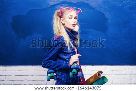 Fashionable girl creative student chalkboard background. Back to school. Stylish creative modern girl. Creative style. Self expression and fashion. Fancy schoolgirl. School fashion. Creative teen.