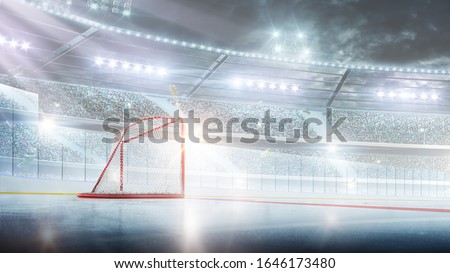 Red gate on the empty hockey rink. Hockey gates in the spotlight. Hockeq arena. Sport background