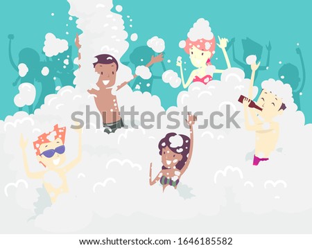 Illustration of Man and Woman in a Foam Party with One Man Drinking a Bottle of Beer