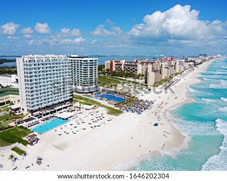 Cancun beach and Seadust Cancun Family Resort, The Royal Islander Resort aerial view, Cancun, Quintana Roo QR, Mexico.