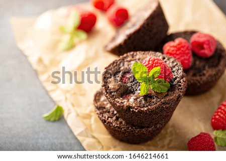 Homemade brownie bites with raspberries, chocolate cake treat