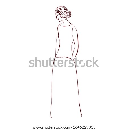 Woman in retro style. Lady in vintage style from the nineteenth century. Drawing for coloring. Graphic female silhouette.