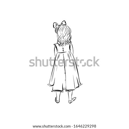 Princess in long dress standing back. Coloring page. 